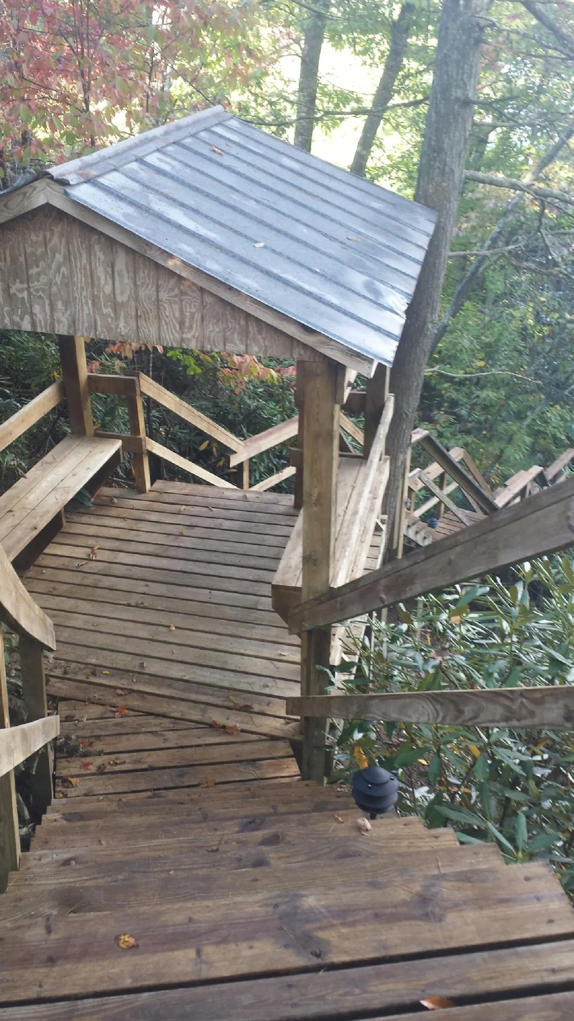 Metal roofed shelter over wooden steps on a wooded walkway — Skylight Repair & Installation work by our crew in Loysburg